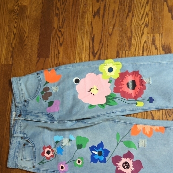 Flower Power retro baggy  straight leg hi rise painted denim jeans W29 L29 - Picture 3 of 11